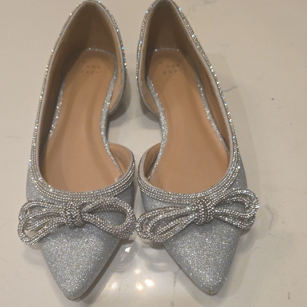 Silver Sparkle Pointed Toe Bow Flats - Women